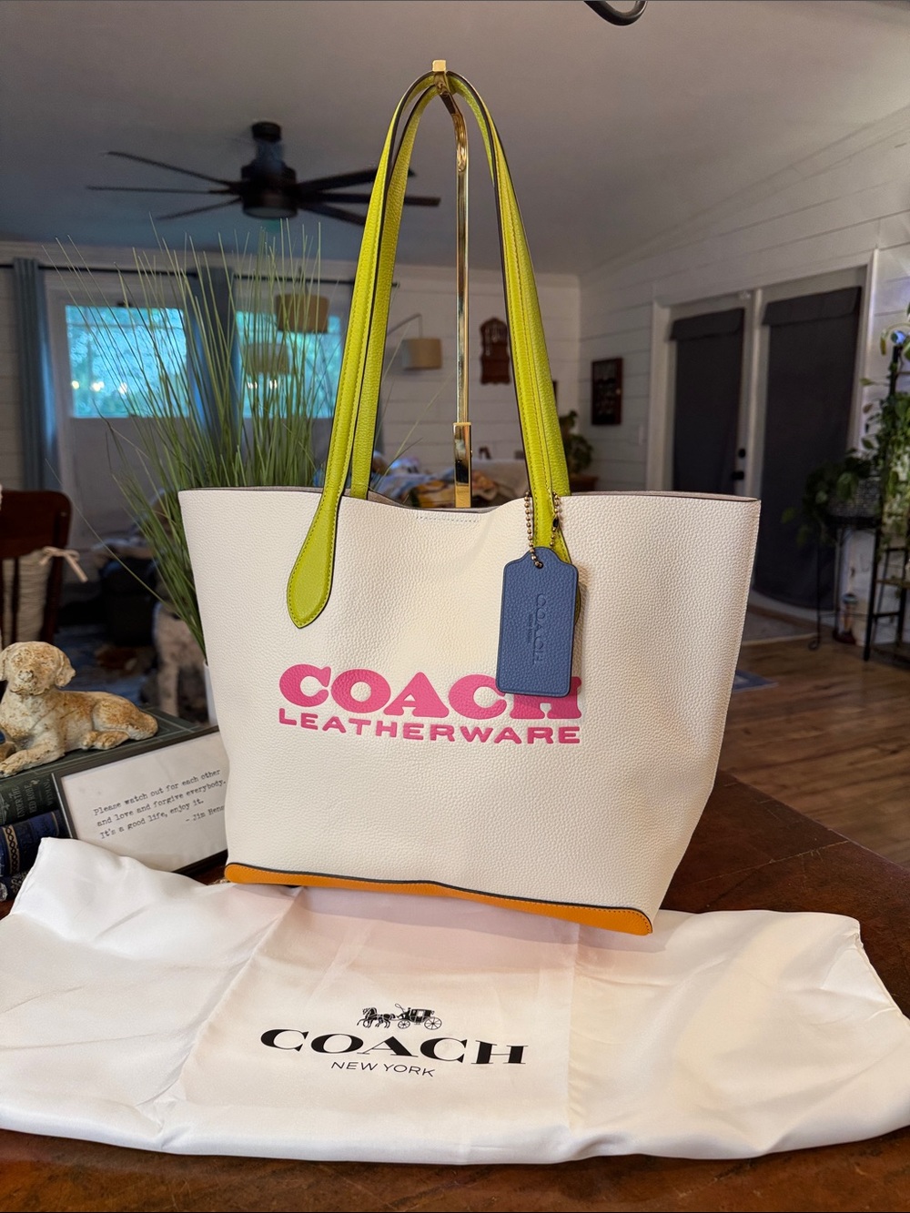 Coach White Canvas Tote with Pink Logo and Lime Handles